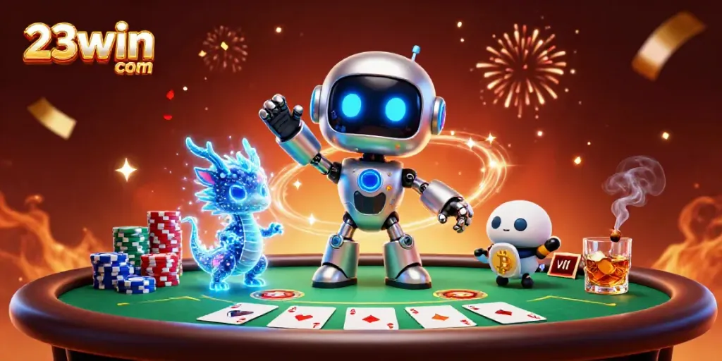 Experience exhilarating gaming with 23win com's vibrant casino atmosphere, featuring cartoon robots and poker elements.
