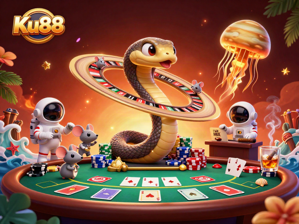 Engage in thrilling bets at Ku88 with a cosmic casino scene featuring fun characters.