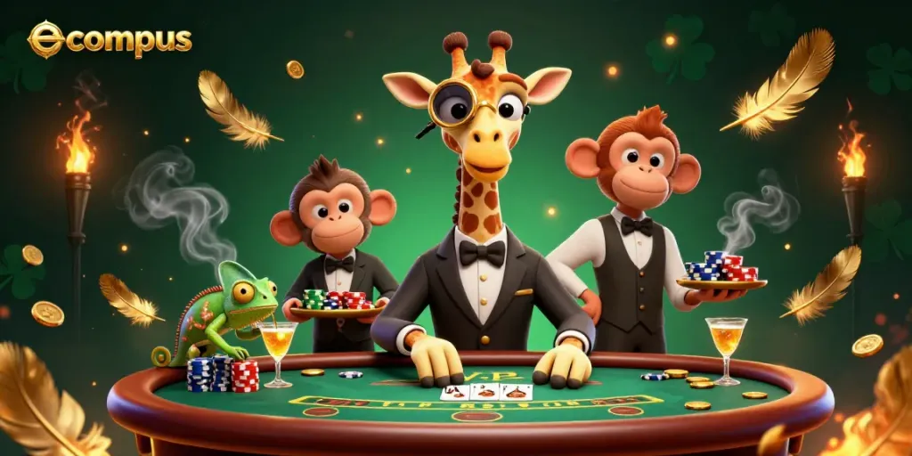 Experience stunning gambling action with ecompus' high-roller giraffe, poker chip stacks, and vibrant casino atmosphere.
