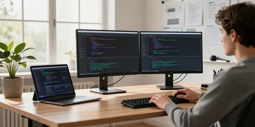 Developer utilizing instant indexing tools in a modern workspace filled with coding elements and natural light.