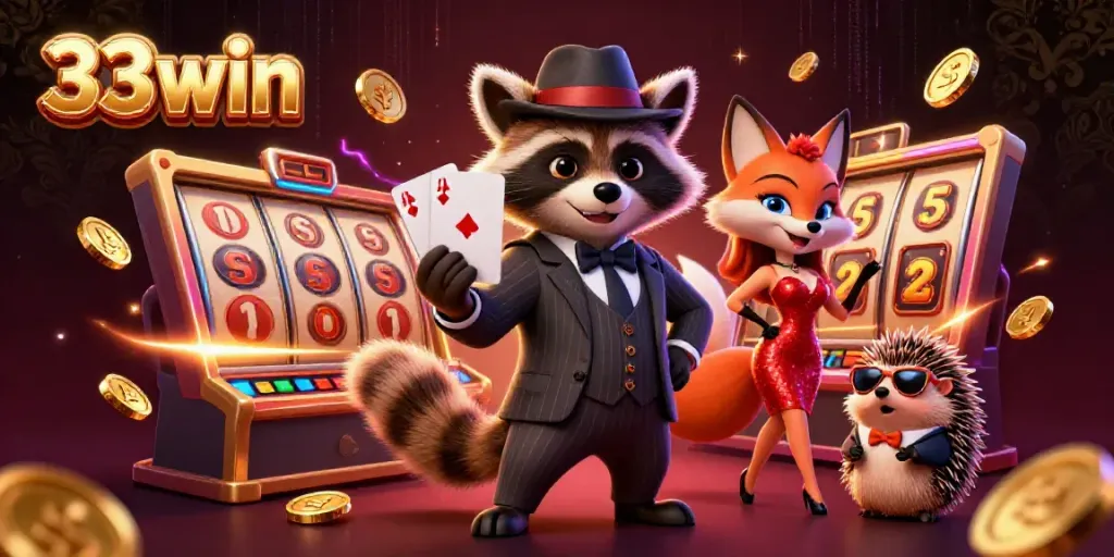 Experience the excitement of 33win with a cartoon scene featuring a suave raccoon showing a royal flush.
