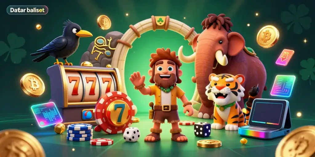 Engage in the thrilling action of Daftar balisot with a vibrant casino scene featuring prehistoric characters and crypto elements.