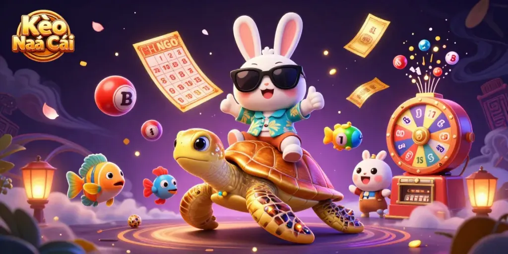 Experience Kèo Nhà Cái excitement with vibrant characters and dynamic lottery elements in this 3D illustration.