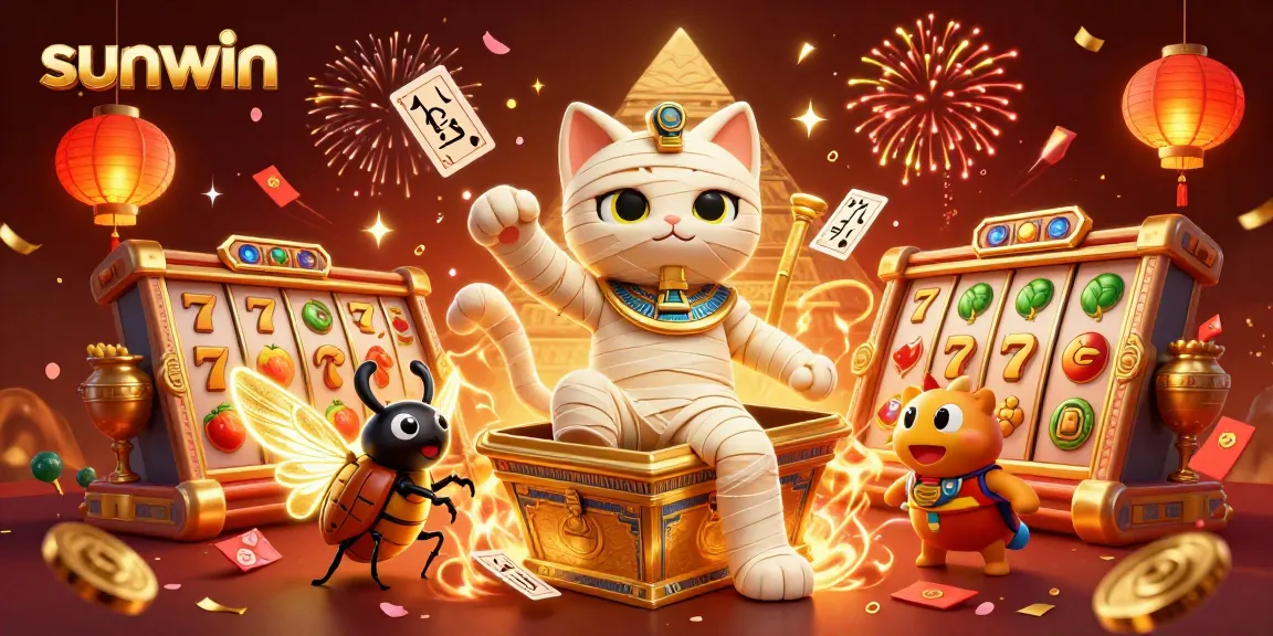 Sunwin celebrates with an ultra-detailed 3D illustration of an Egyptian mummy cat and casino elements.