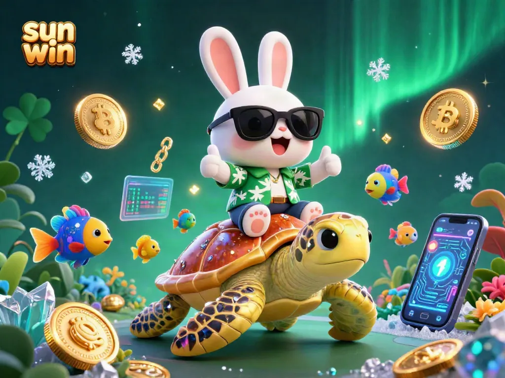 Experience thrilling gameplay with sun win, featuring a lucky rabbit and golden turtle in an exciting casino scene.