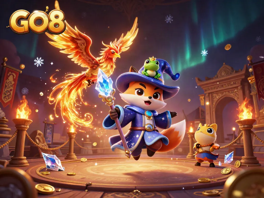 Win big with GO8 at this vibrant casino illustration featuring a wizard, phoenix, and enchanted frog.