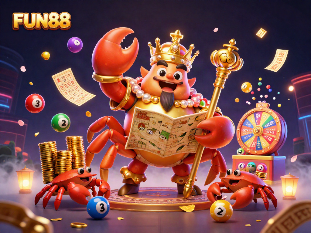Experience FUN88 Gaming Magic with a golden crab emperor and dynamic casino elements