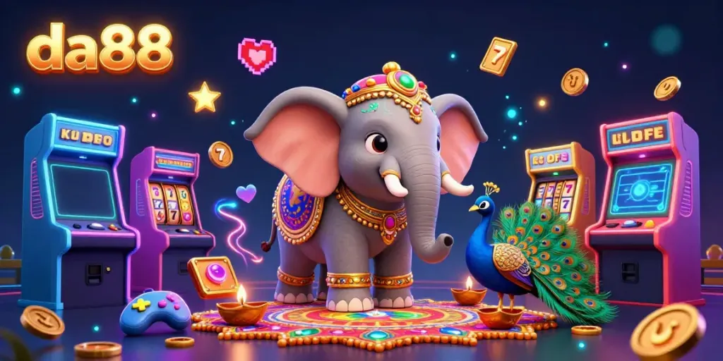 Experience vibrant gaming action with da88, showcasing a festive elephant among casino elements and colorful games.