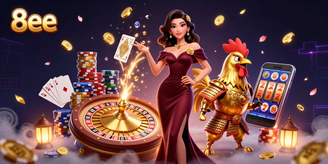 Experience the thrill of the 8eee casino with glamorous characters amid flying coins and vibrant game elements.