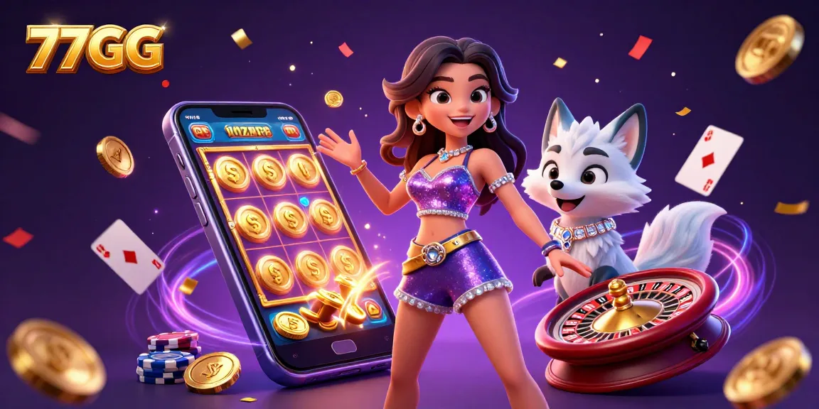 Win big with 77GG in a vibrant casino scene showcasing festive emojis, slots, and rewards.