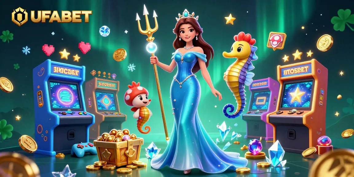 Win big at UFABET with a vibrant illustration featuring a semi-realistic woman and a seahorse king amidst casino-themed treasures and elements.