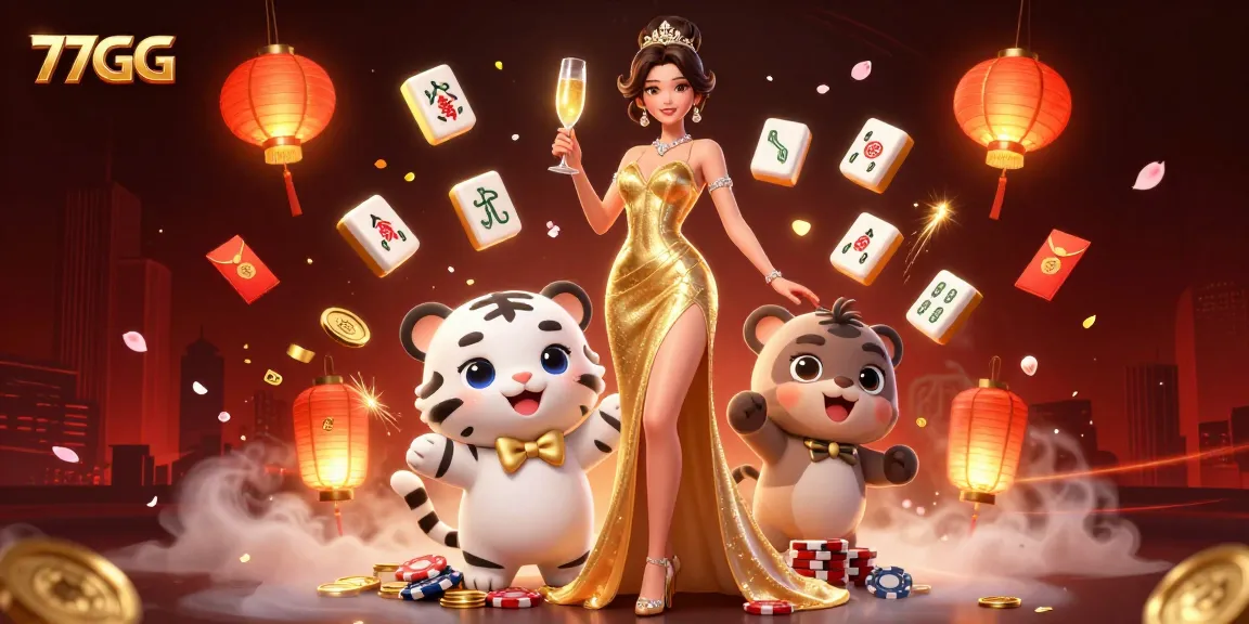 Bet and win big on 77GG with a glamorous setting featuring a stylish woman and a lucky tiger cub.
