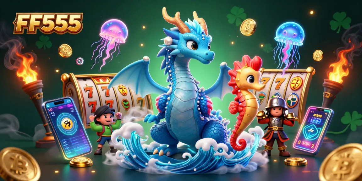 Spin and win at FF555 with an enchanting 3D dragon and seahorse in a vibrant casino scene.