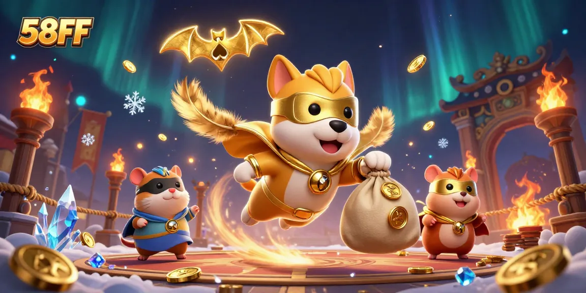 Experience the thrill of winning with 58FF's dynamic gambling scene featuring a heroic dog and hamster.