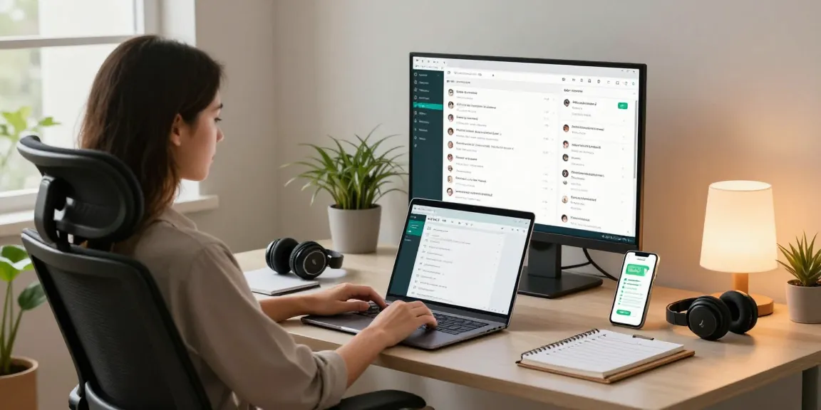 Using WhatsApp電腦版 on a laptop in a stylish home office setup with a warm atmosphere.