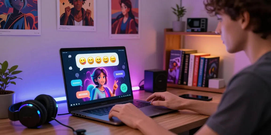 Interactive scene of ai chat nsfw conversation with a vibrant AI character on a modern laptop, showcasing user engagement.