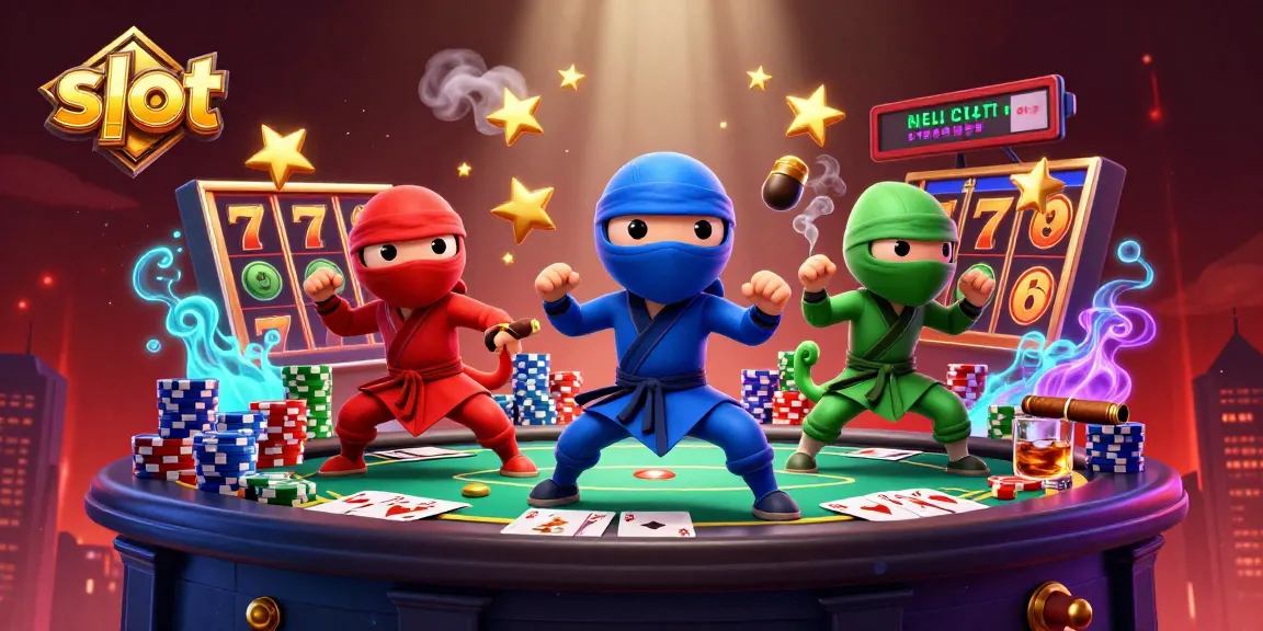 Experience exciting slot gameplay with a vibrant illustration of ninja chameleons amidst colorful casino elements.