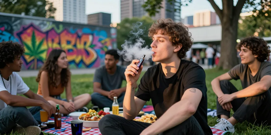 Young adult enjoying a thc vape in a city park with friends.