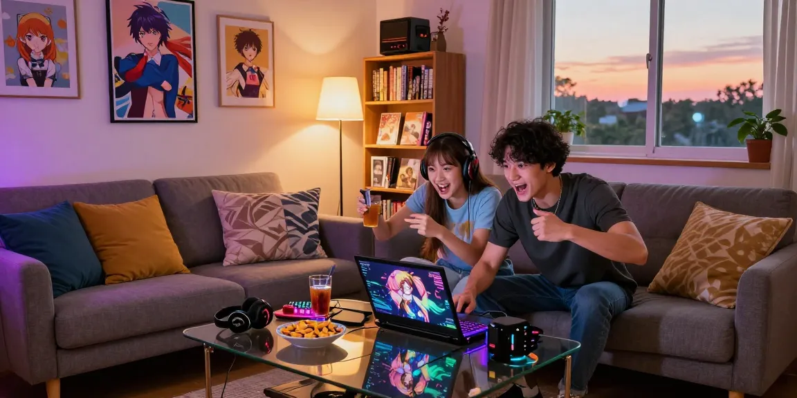 Couple enjoying game ecchi in cozy living room with snacks and laptops