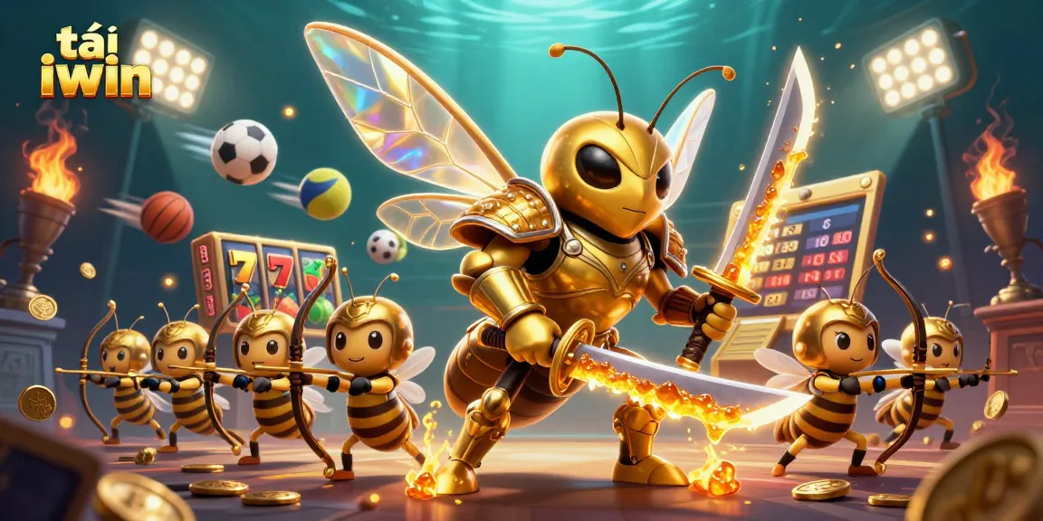 Tải iwin with a vibrant illustration featuring a golden hornet in samurai armor amid dynamic casino elements.