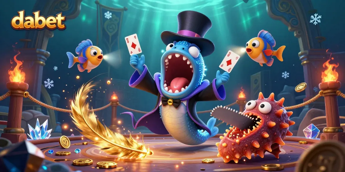Engage with dabet as the gulper eel performs captivating card tricks in a vibrant casino atmosphere.