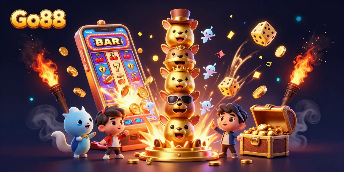 Experience the excitement at Go88 with vibrant characters and dynamic casino elements in a vivid 3D scene.