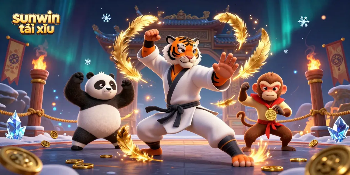 Win big with sunwin tài xỉu gameplay featuring a kung fu tiger master and gold coins swirling around.