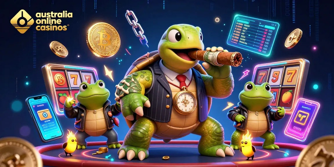 Engaging scene depicting a snapping turtle in a suit with bullfrog enforcers showcasing australia online casinos.