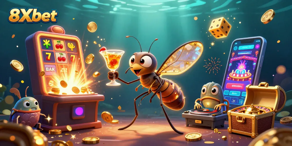 Experience the excitement of 8Xbet with a vibrant 3D casino scene featuring unique characters and dynamic gaming elements.