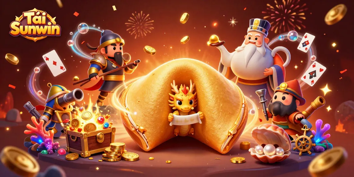 Play interactive casino games with Tải Sunwin while enjoying a vibrant 3D illustration of fortune cookies and treasures.