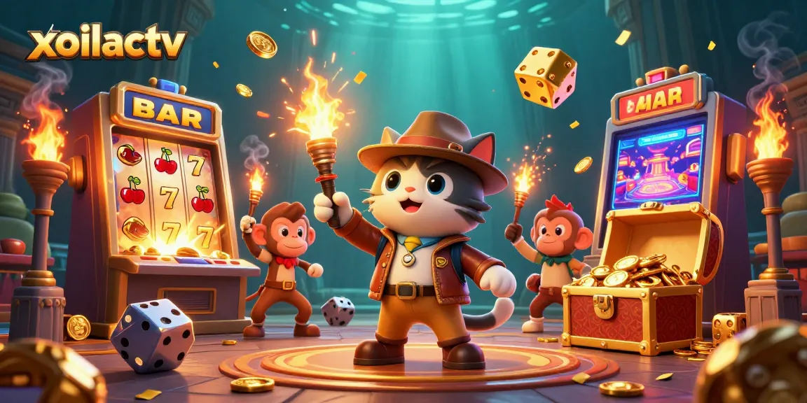 xoilactv showcases a cartoon cat prospecting a golden artifact amid a vibrant casino scene of rolling dice and treasures