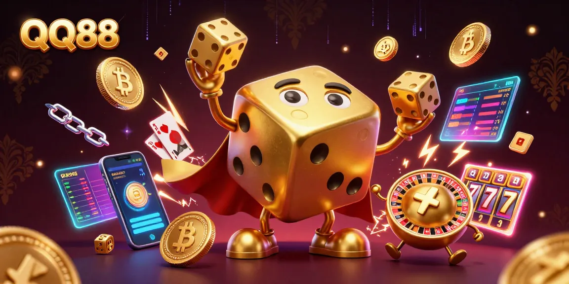 Engage with QQ88's vibrant gaming universe, featuring dynamic golden dice and crypto elements.