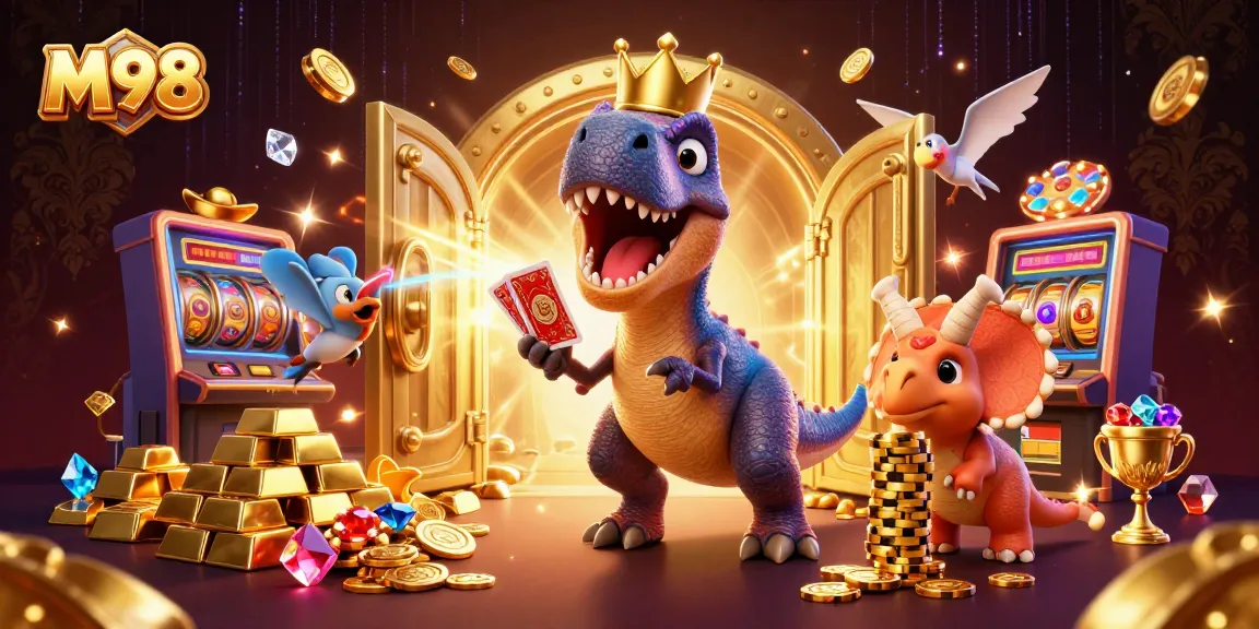 M98 brings excitement to slot machines as cartoon characters shuffle cards and stack chips in a vibrant casino scene.