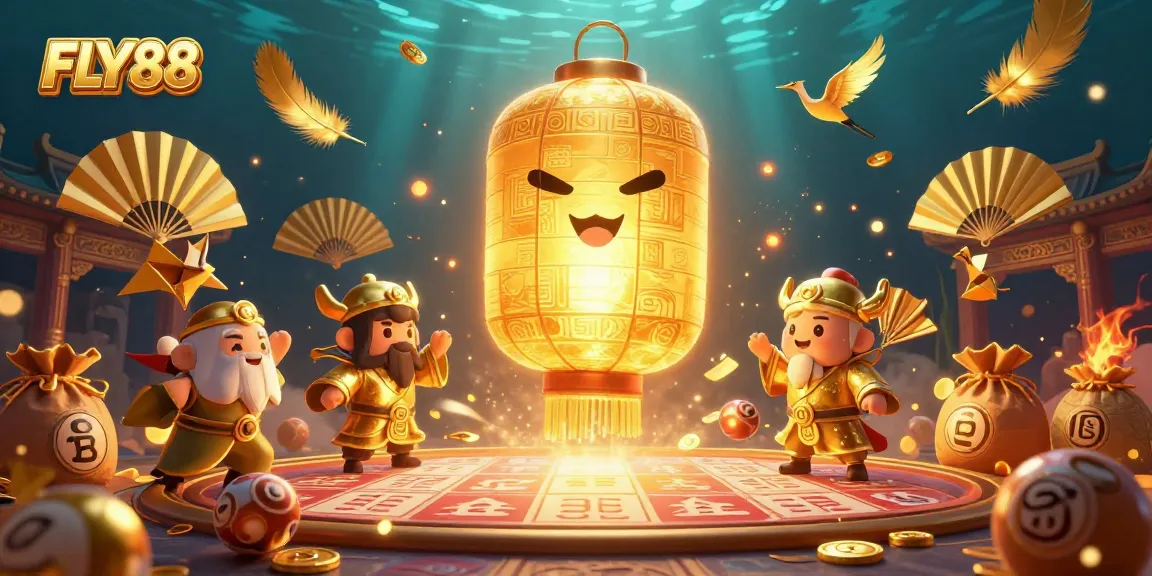 FLY88 lottery spirit illuminating the casino with golden symbols and lucky charms